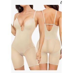 Slimers Body Shaper U Plunge Backless Mid Thigh Mesh strapless/straps size small